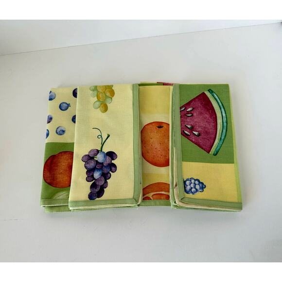 Fruit Print Napkins, Banana Watermelon Strawberry Cherry table linens set of 4 - Picture 1 of 3